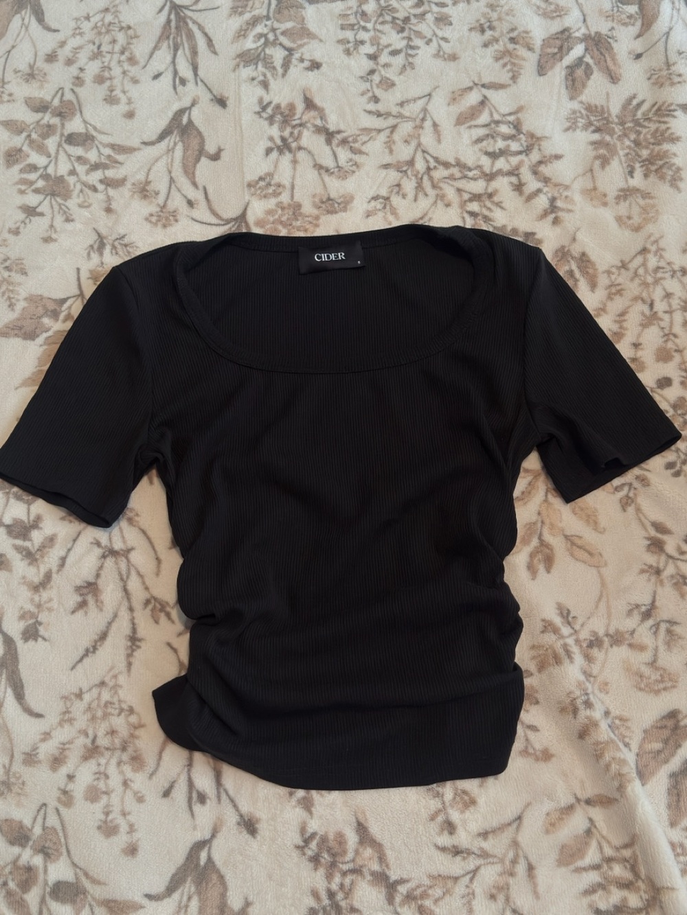 Cider Black Ribbed Scoop-Neck Short Sleeve Top